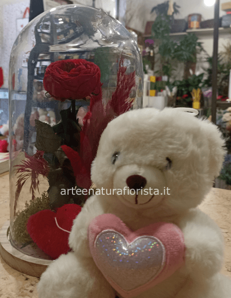 Rosa stabilizzata in Campana di vetro con peluche