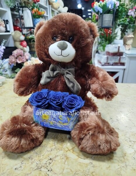Teddy 40 cm con tris di rose stabilizzate blu