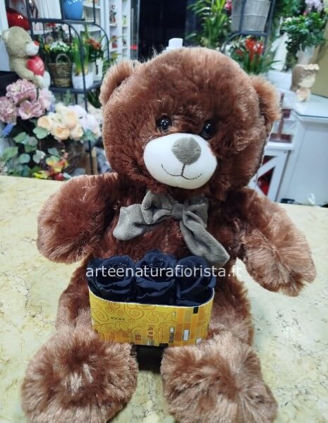 Teddy 40 cm con tris di rose stabilizzate nere
